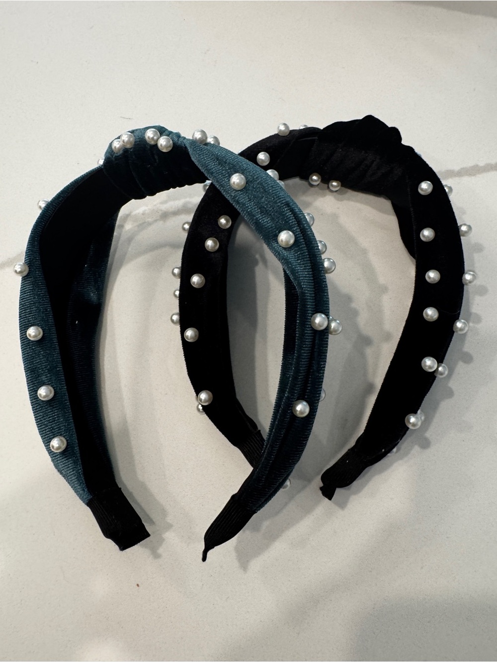 Pearl-Embellished Velvet Knot Headbands - Black and Deep Teal Velour NWOT